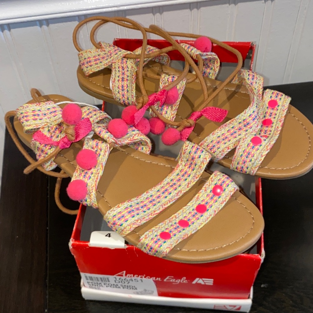 American Eagle By Payless Multicolor Braided Sandals with Hot Pink Pom Poms